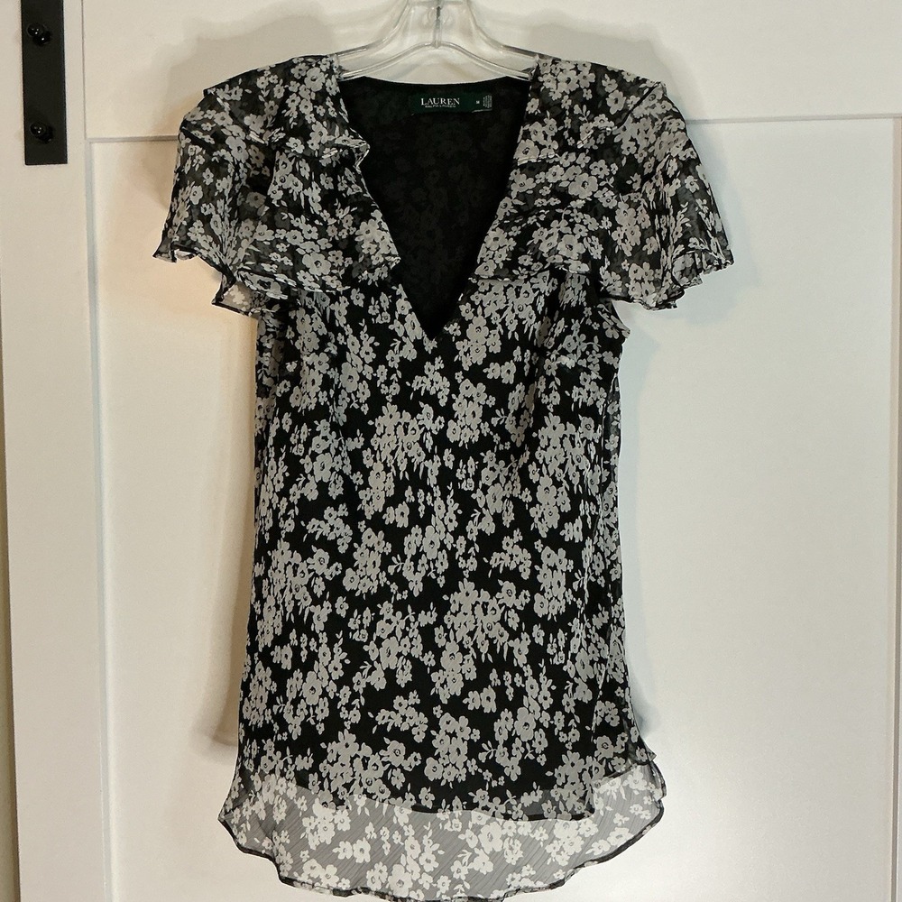 Lauren Ralph Lauren‎ Top Flutter Sleeve Black Floral Medium Coquette
